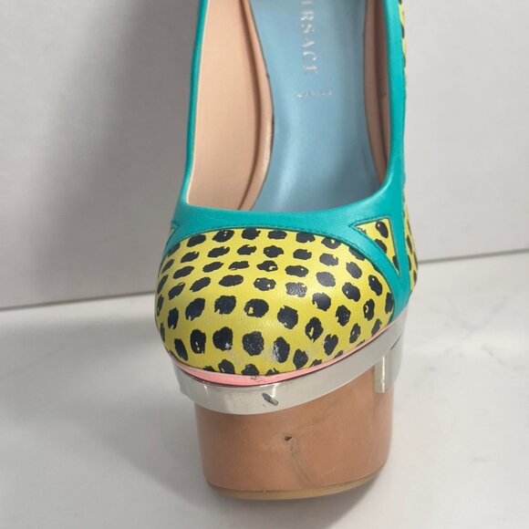 Versace 2010 Pois Print Pump - Yellow Teal Platform Metal Heels 39 - RARE - Picture 9 of 14